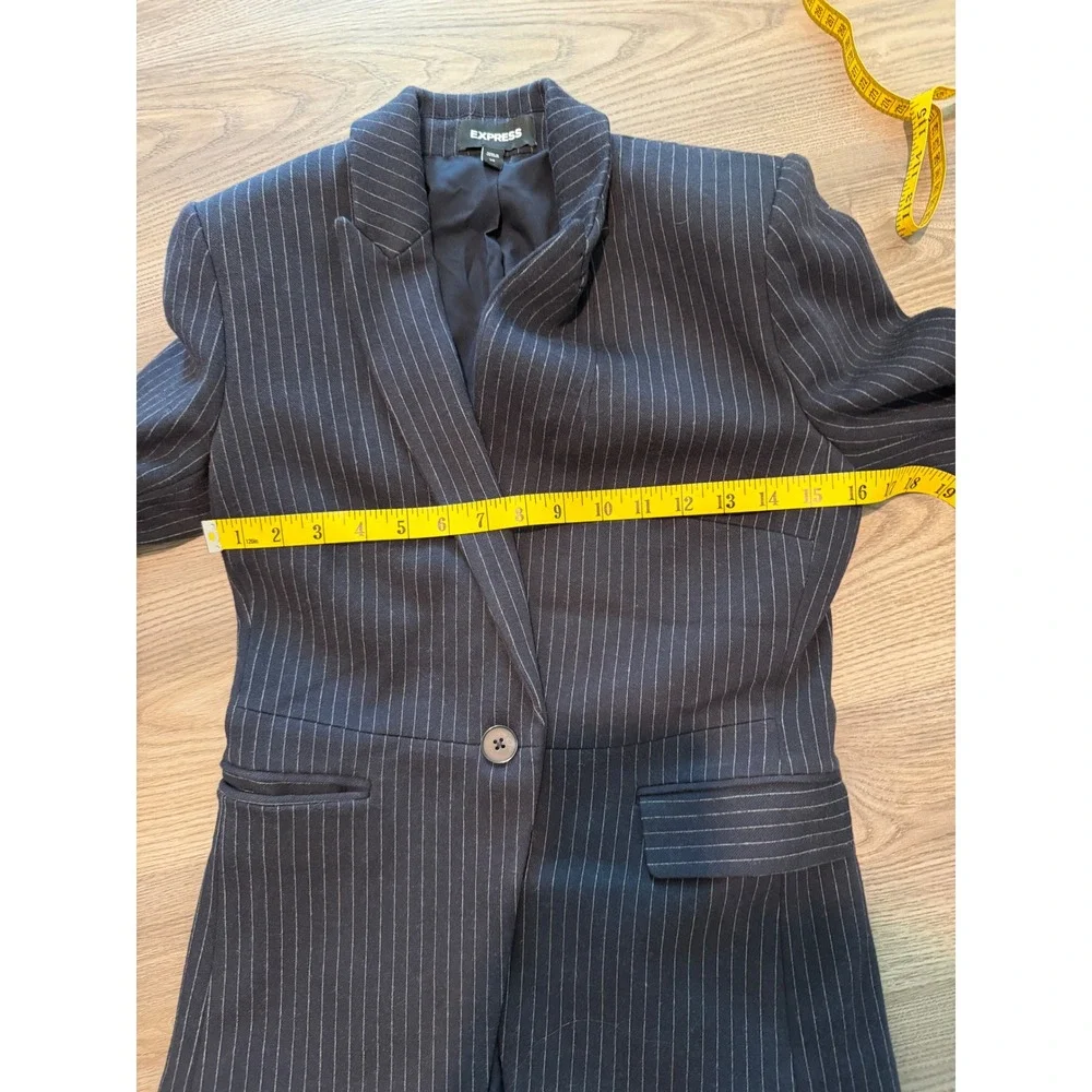 Express Womens Navy Pinstripe Skirt Suit Set Blazer XS Skirt Small Ruffle Trim